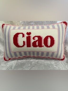 Handmade 'Ciao' Needlepoint Pillow - Red, Pink, Gray, Cream New